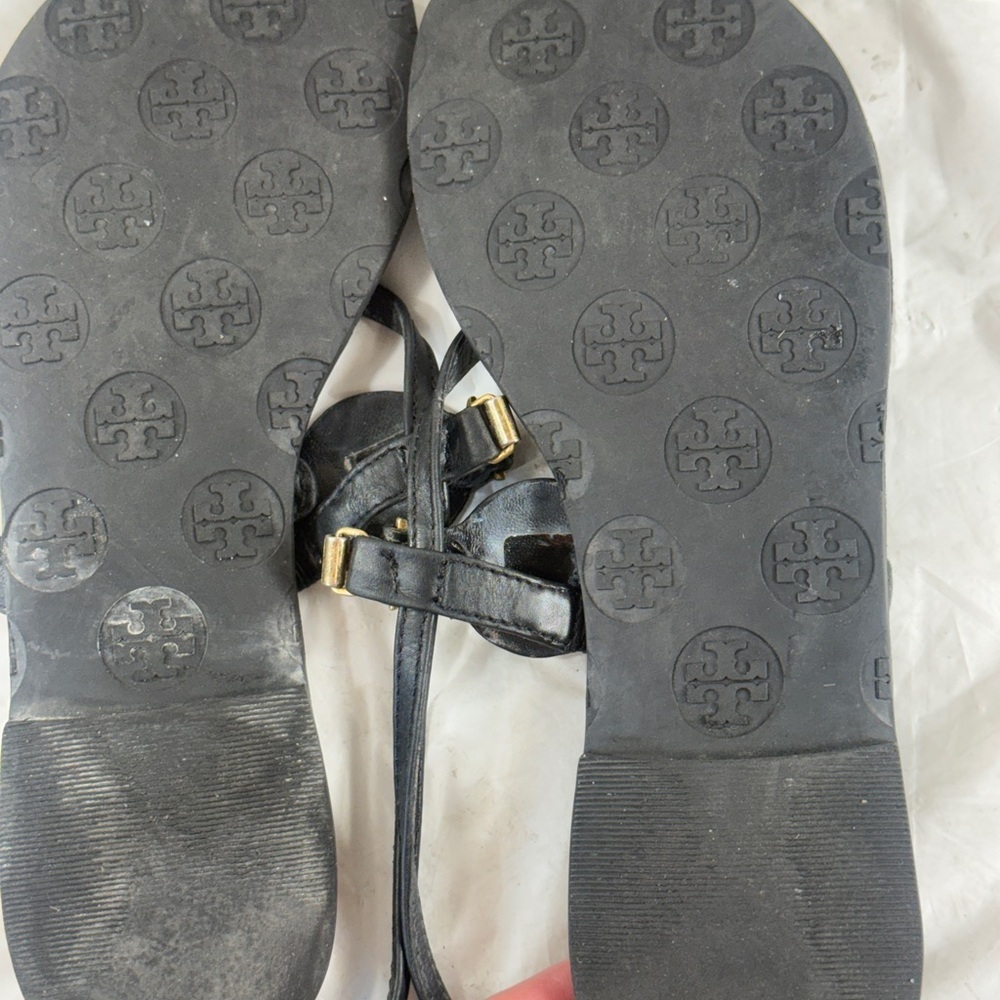 Tory Burch Black Leather Logo Embellished Flat Thong Slingback Sandals SZ 6.5 M - Picture 10 of 13